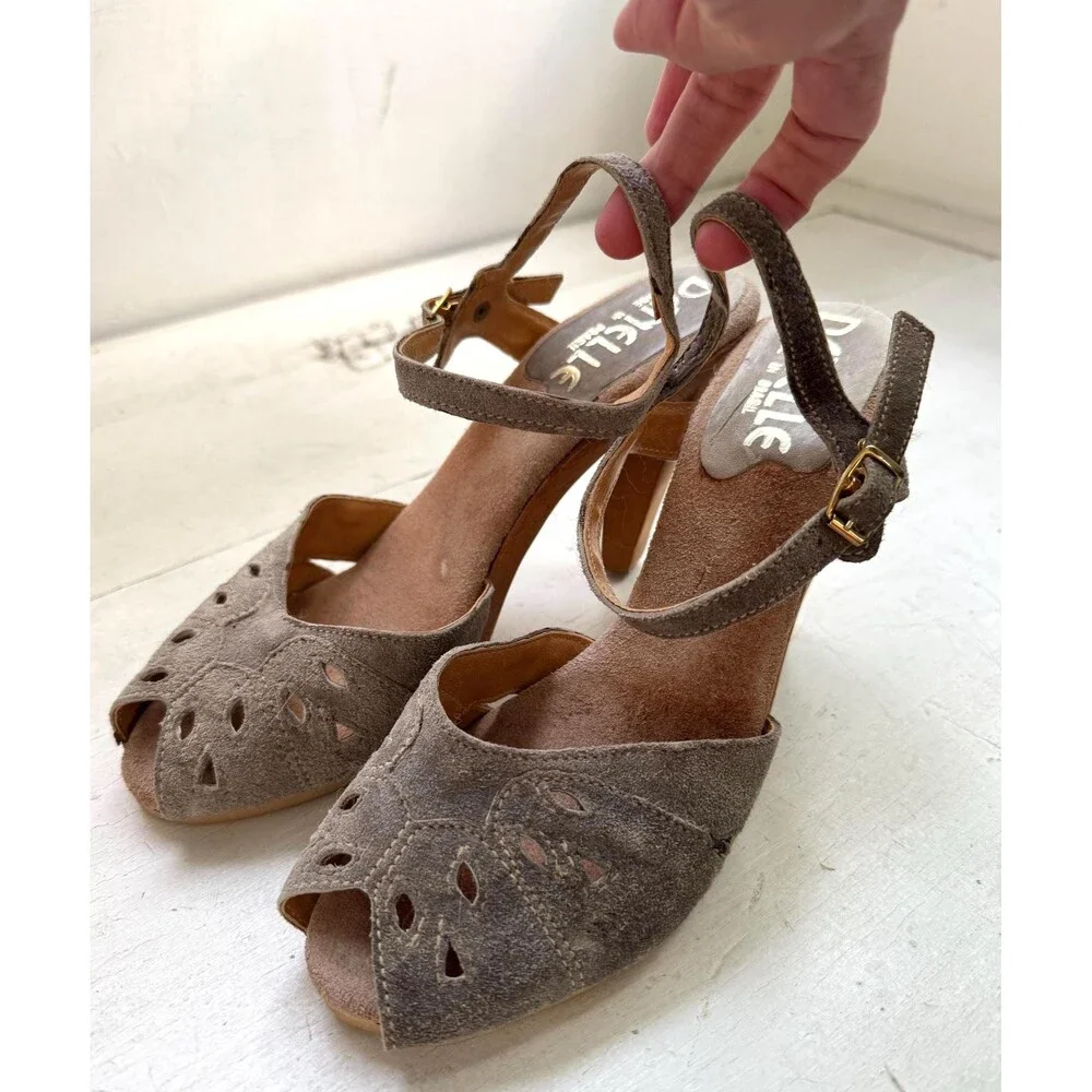 70s Suede Heels Open Toe Shoes Blue Gray Vintage Danielle 7